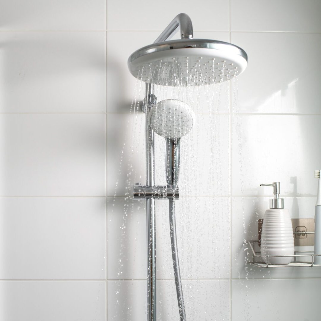 A shower head with soap and a hose.